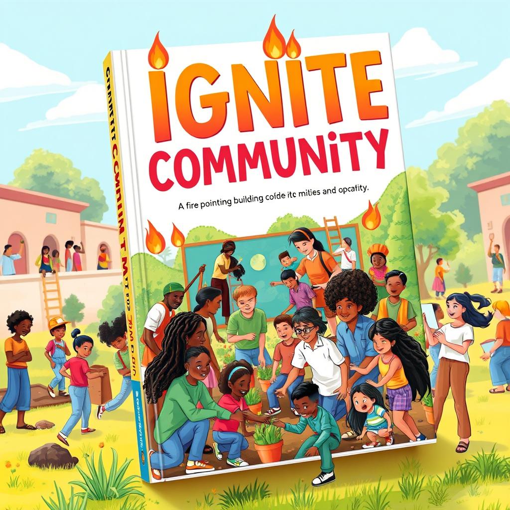 A vibrant book cover design for 'IGNITE COMMUNITY', featuring a dynamic and colorful illustration of diverse individuals engaged in community-building activities