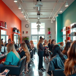 A vibrant and busy hair salon, showcasing a modern and stylish interior with bright colors and chic decor