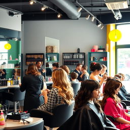 A vibrant and busy hair salon, showcasing a modern and stylish interior with bright colors and chic decor