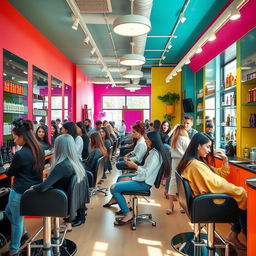 A vibrant and busy hair salon, showcasing a modern and stylish interior with bright colors and chic decor