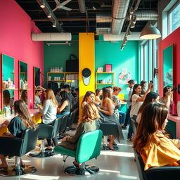 A vibrant and busy hair salon, showcasing a modern and stylish interior with bright colors and chic decor