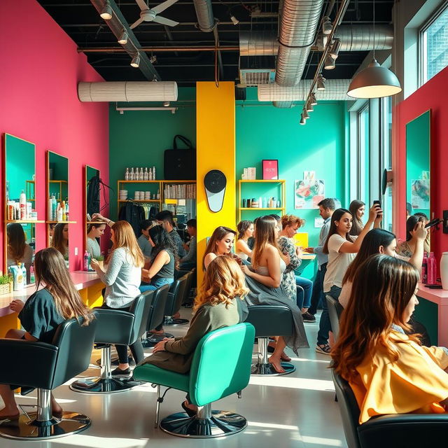 A vibrant and busy hair salon, showcasing a modern and stylish interior with bright colors and chic decor