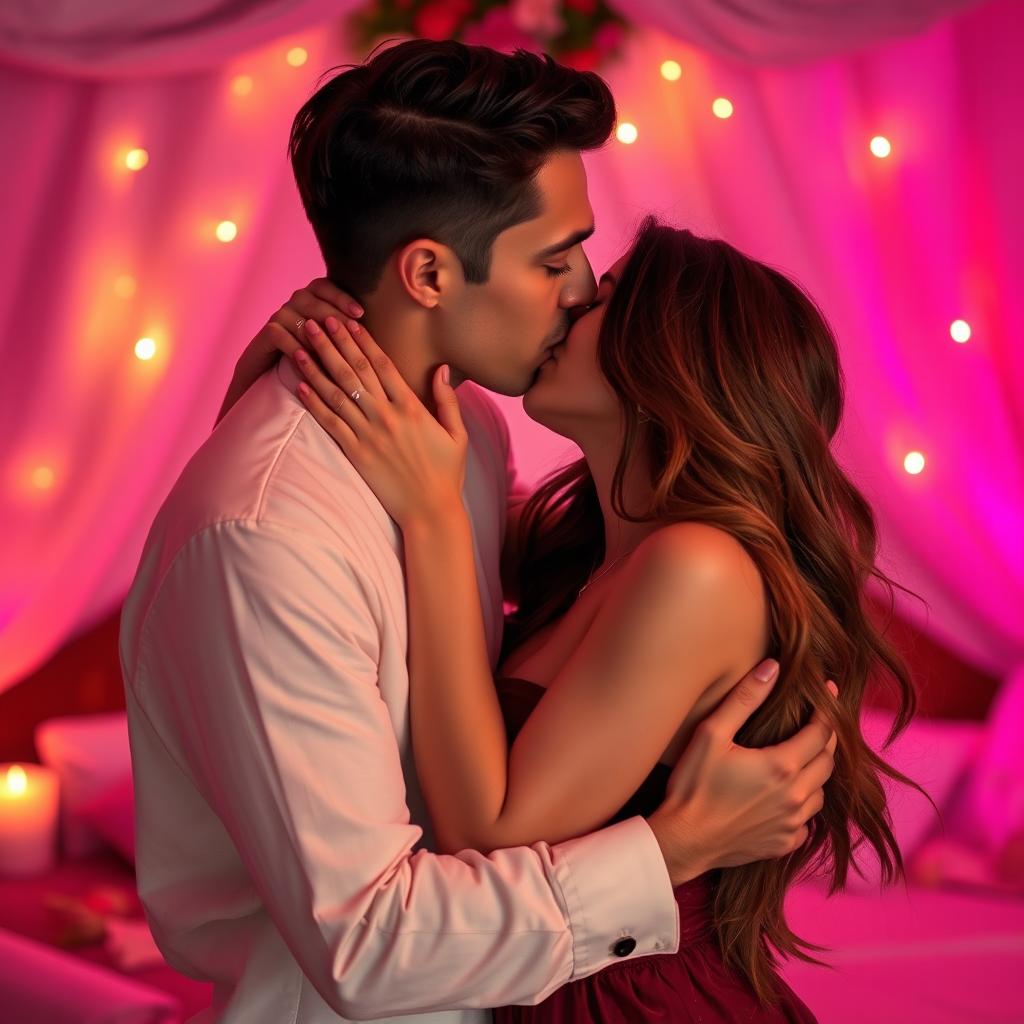 A couple embraced in a passionate kiss, surrounded by an intimate and romantic setting with soft ambient lighting