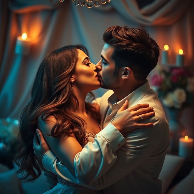 A couple embraced in a passionate kiss, surrounded by an intimate and romantic setting with soft ambient lighting