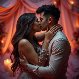 A couple embraced in a passionate kiss, surrounded by an intimate and romantic setting with soft ambient lighting