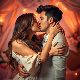 A couple embraced in a passionate kiss, surrounded by an intimate and romantic setting with soft ambient lighting