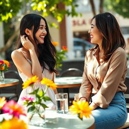 Two very beautiful Asian women enjoying a sunny café retreat, engaged in an animated conversation