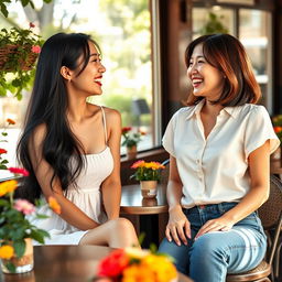 Two very beautiful Asian women enjoying a sunny café retreat, engaged in an animated conversation