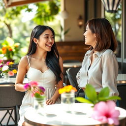 Two very beautiful Asian women enjoying a sunny café retreat, engaged in an animated conversation