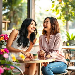 Two very beautiful Asian women enjoying a sunny café retreat, engaged in an animated conversation