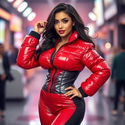 A fashionable woman in a tight, shiny red and black puffer suit, perfectly fitted to accentuate her curves and features