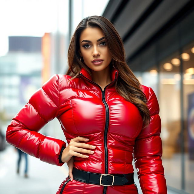 A gorgeous woman clad in a tight, shiny red and black puffer suit that beautifully contours her figure, highlighting her large bust