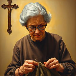 An oil painting featuring an elderly mother wearing glasses, focused on sewing clothing