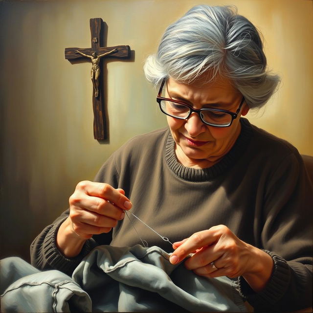 An oil painting featuring an elderly mother wearing glasses, focused on sewing clothing