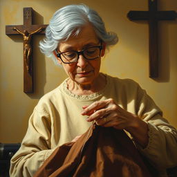 An oil painting featuring an elderly mother wearing glasses, focused on sewing clothing