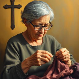 An oil painting featuring an elderly mother wearing glasses, focused on sewing clothing