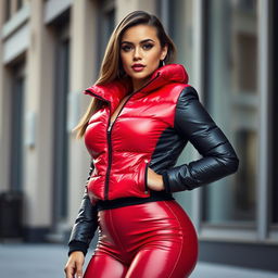A gorgeous woman dressed in a tight, shiny red and black puffer suit that perfectly outlines her curvy figure and accentuates her large bust