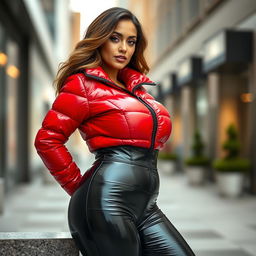 A gorgeous woman dressed in a tight, shiny red and black puffer suit that perfectly outlines her curvy figure and accentuates her large bust