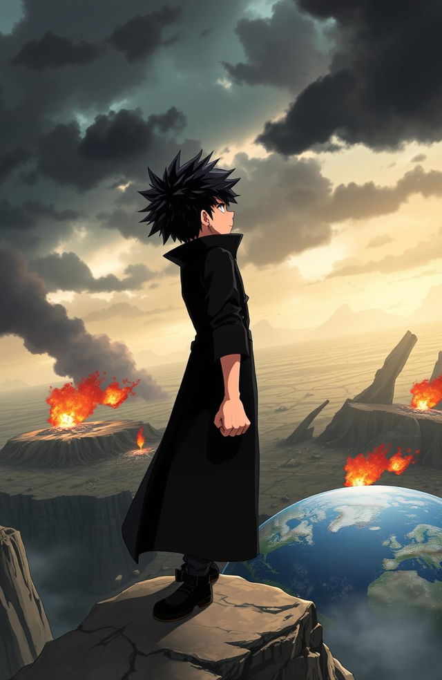 A 16-year-old anime boy character with spiky black hair and intense expression, wearing a long black overcoat and black pants