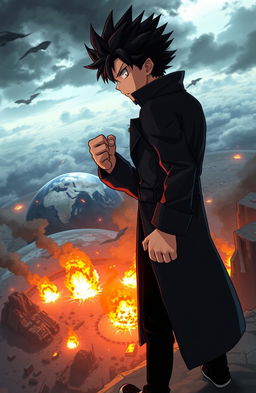 A 16-year-old anime boy character with spiky black hair and intense expression, wearing a long black overcoat and black pants