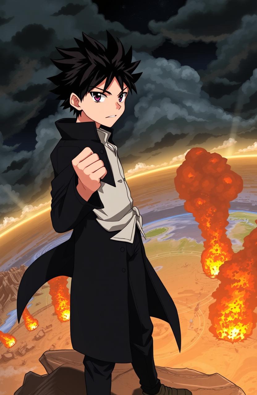 A 16-year-old anime boy character with spiky black hair and intense expression, wearing a long black overcoat and black pants