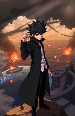 A 16-year-old anime boy character with spiky black hair and intense expression, wearing a long black overcoat and black pants