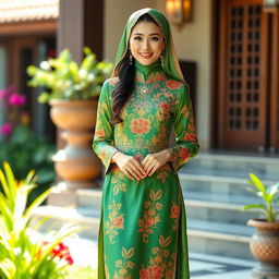 A vibrant and elegant traditional Baju Kurung, showcasing detailed embroidery, made of luxurious silk fabric