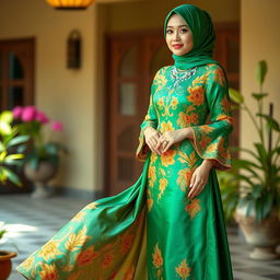 A vibrant and elegant traditional Baju Kurung, showcasing detailed embroidery, made of luxurious silk fabric