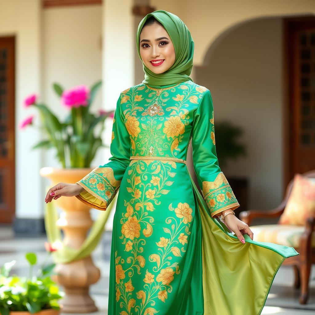 A vibrant and elegant traditional Baju Kurung, showcasing detailed embroidery, made of luxurious silk fabric