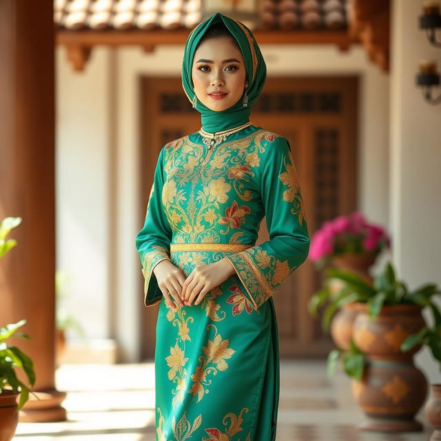 A vibrant and elegant traditional Baju Kurung, showcasing detailed embroidery, made of luxurious silk fabric