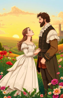 A beautifully illustrated scene from William Shakespeare's play 'All's Well That Ends Well', showcasing the main characters Bertram and Helena