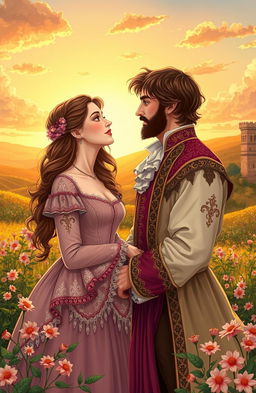 A beautifully illustrated scene from William Shakespeare's play 'All's Well That Ends Well', showcasing the main characters Bertram and Helena