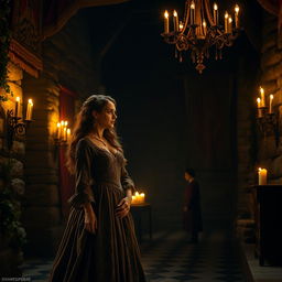 A dramatic and atmospheric scene inspired by William Shakespeare's play 'All's Well That Ends Well', portraying the pivotal moment of Helena's determination and ambition