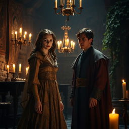 A dramatic and atmospheric scene inspired by William Shakespeare's play 'All's Well That Ends Well', portraying the pivotal moment of Helena's determination and ambition