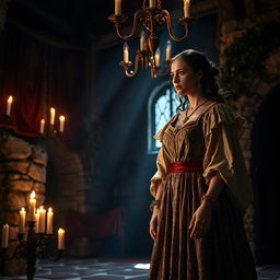 A dramatic and atmospheric scene inspired by William Shakespeare's play 'All's Well That Ends Well', portraying the pivotal moment of Helena's determination and ambition