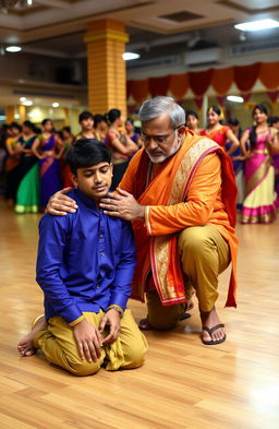 A large and vibrant dance school with various groups of dancers practicing in the background