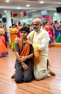 A large and vibrant dance school with various groups of dancers practicing in the background