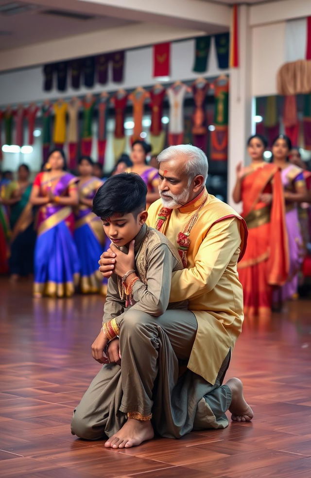 A large and vibrant dance school with various groups of dancers practicing in the background