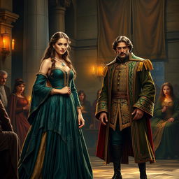 A captivating artistic representation of a scene from 'All's Well That Ends Well' by William Shakespeare, depicting Helena’s bold resolve to win Bertram's love
