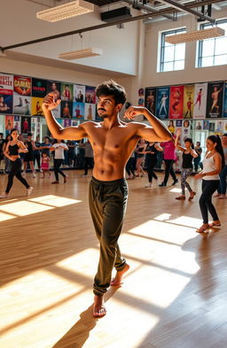 A large dance school featuring a spacious studio filled with mirrored walls and wooden floors