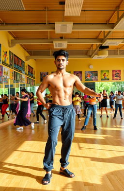 A large dance school featuring a spacious studio filled with mirrored walls and wooden floors