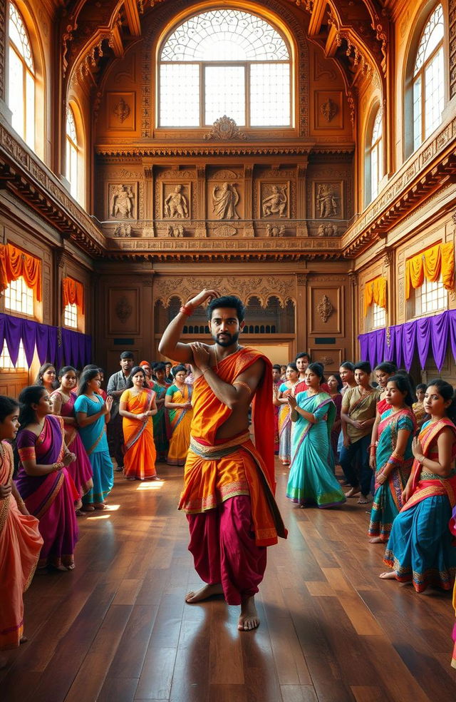 A large ancient dance school with high ceilings and intricate carvings, filled with warm sunlight filtering through large windows