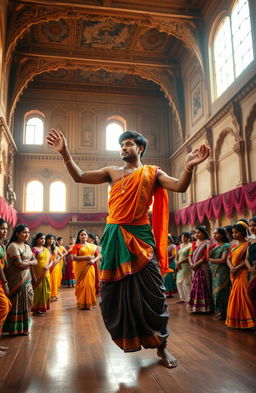 A large ancient dance school with high ceilings and intricate carvings, filled with warm sunlight filtering through large windows