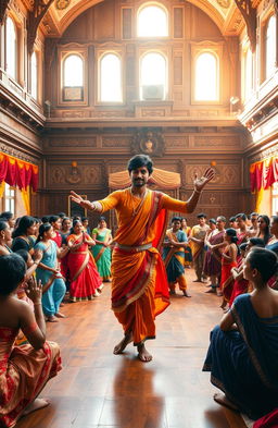 A large ancient dance school with high ceilings and intricate carvings, filled with warm sunlight filtering through large windows