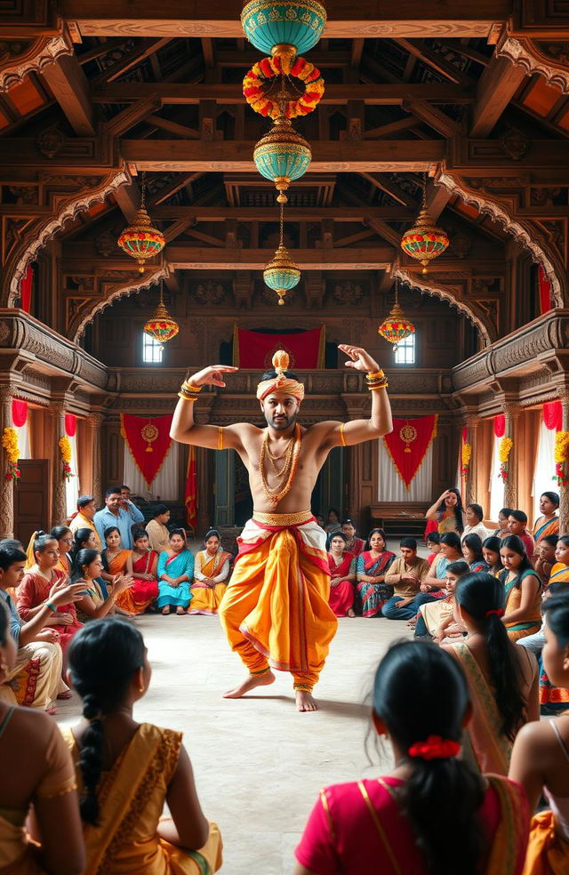 A large ancient dance school filled with beautiful traditional architecture, featuring intricate carvings and vibrant colors