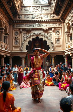A large ancient dance school filled with beautiful traditional architecture, featuring intricate carvings and vibrant colors