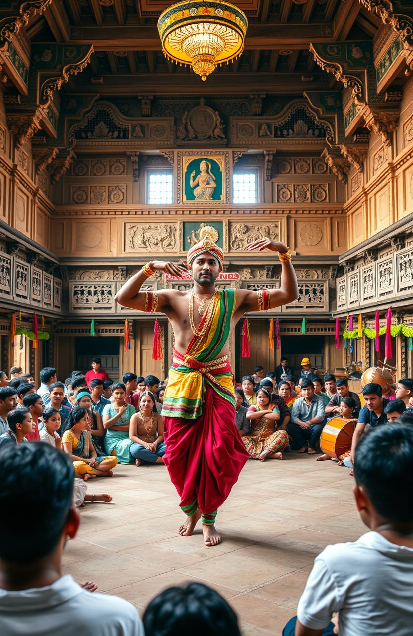 A large ancient dance school filled with beautiful traditional architecture, featuring intricate carvings and vibrant colors