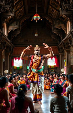 A large ancient dance school filled with beautiful traditional architecture, featuring intricate carvings and vibrant colors
