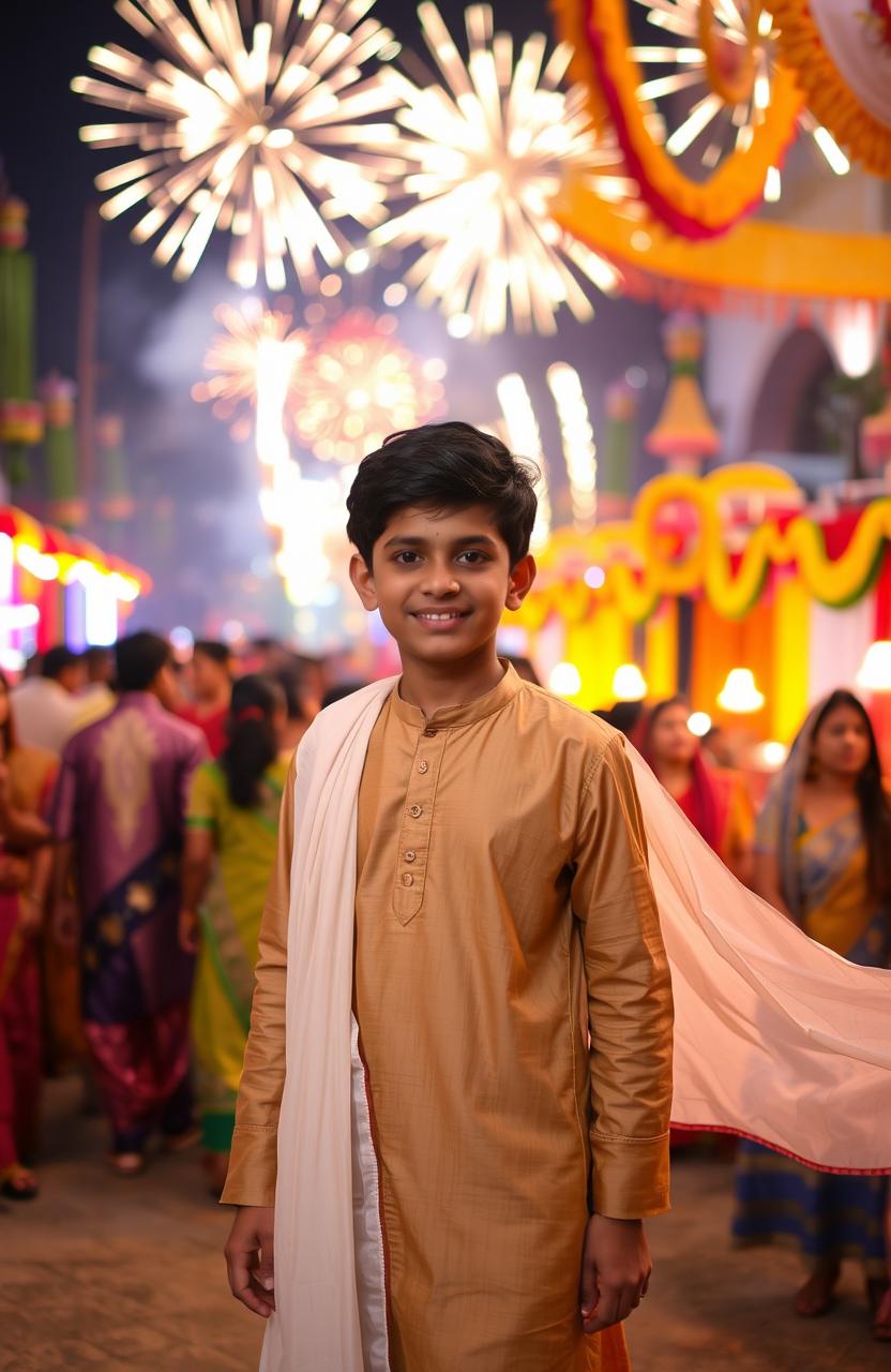 A coverboy wearing a light brown kurta paired with a flowing white dupatta, standing confidently in the foreground