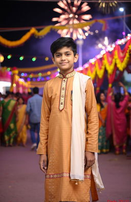 A coverboy wearing a light brown kurta paired with a flowing white dupatta, standing confidently in the foreground